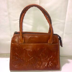 Patricia Nash Vintage Tooled Leather Handbag, Brown Floral Design, Many Pockets